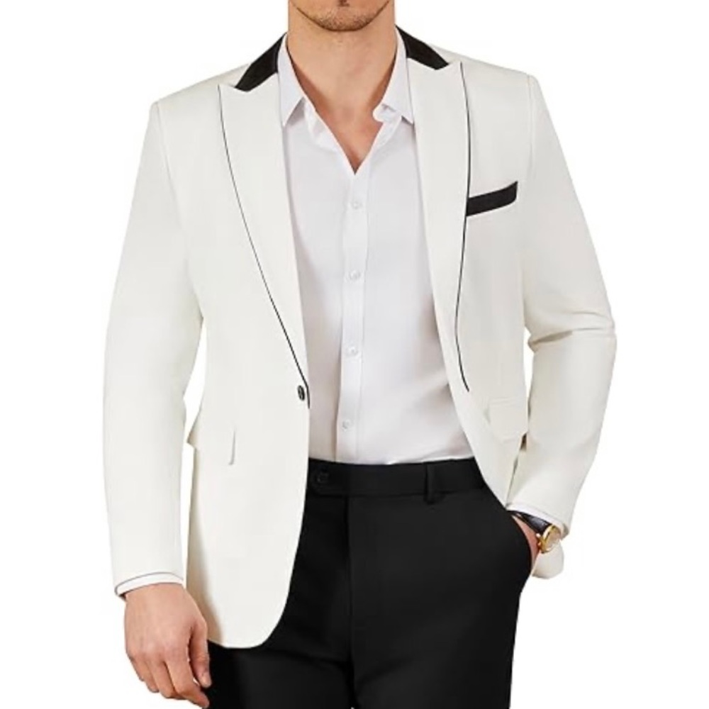 NEW Men’s Suit Jacket Blazer Sport Coat White Medium Pockets Button Black Accent